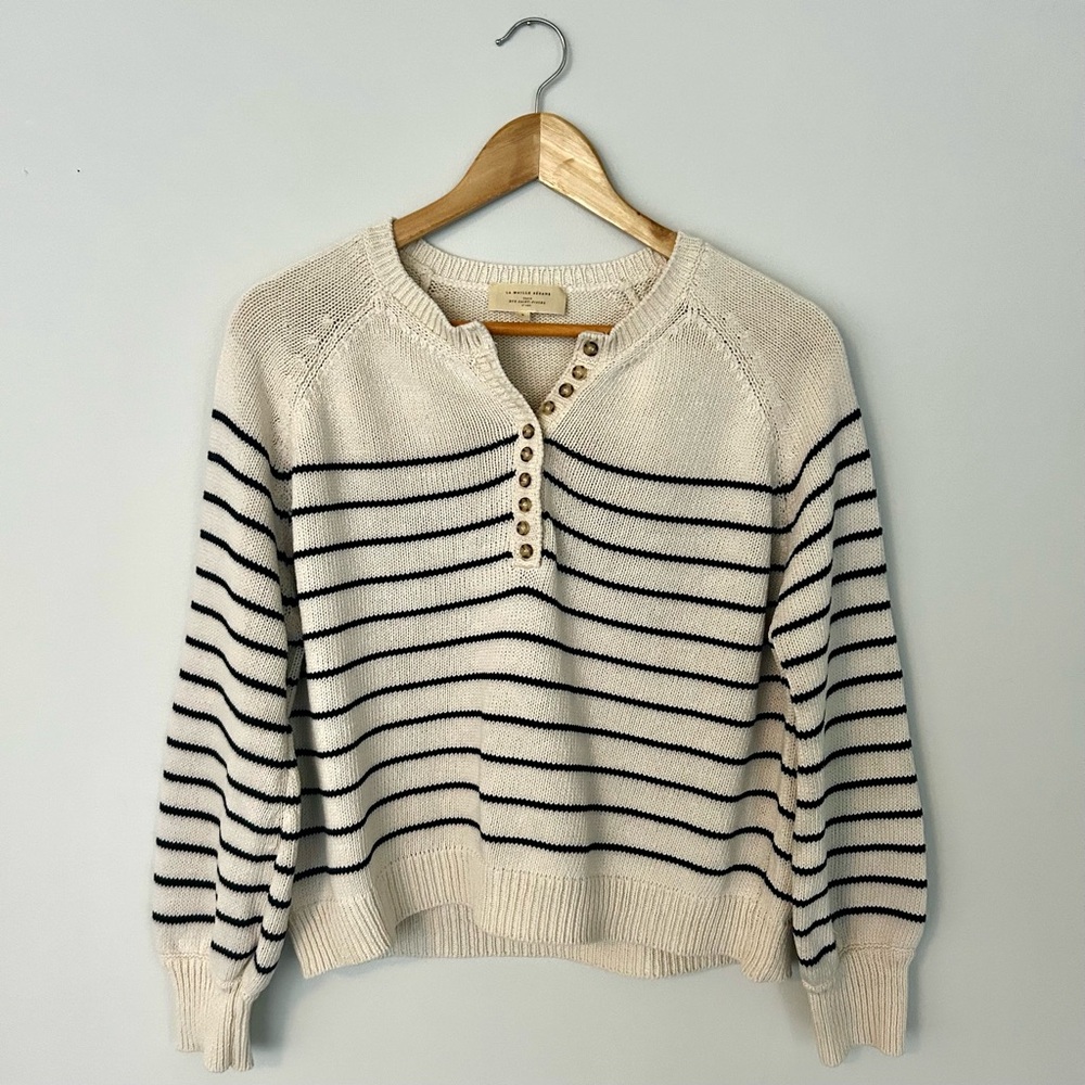 Sezane Léontine Jumper Knit Button Sweater Cream and Navy
